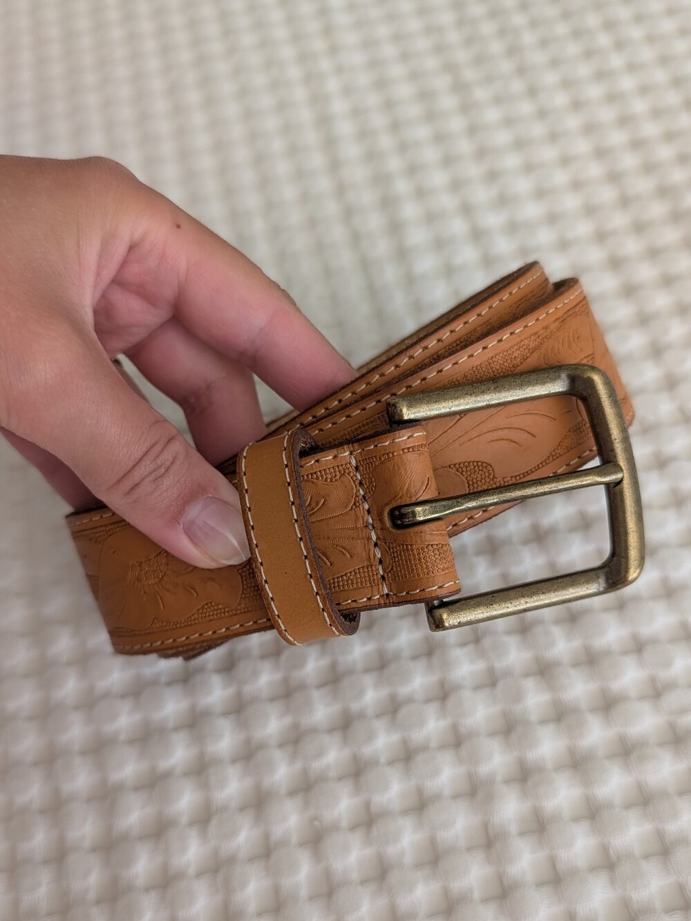 American Eagle Outfitters Tan Embossed Leather Belt with Antique Brass Buckle